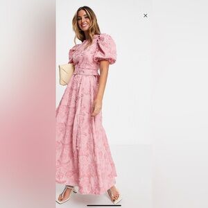 ASOS DESIGN belted midi skater dress in textured jacquard pink US 8